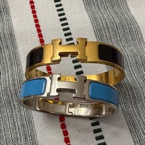 Hermes Gold & Turquoise Enamel H Cuff Bracelets (Set of 2)